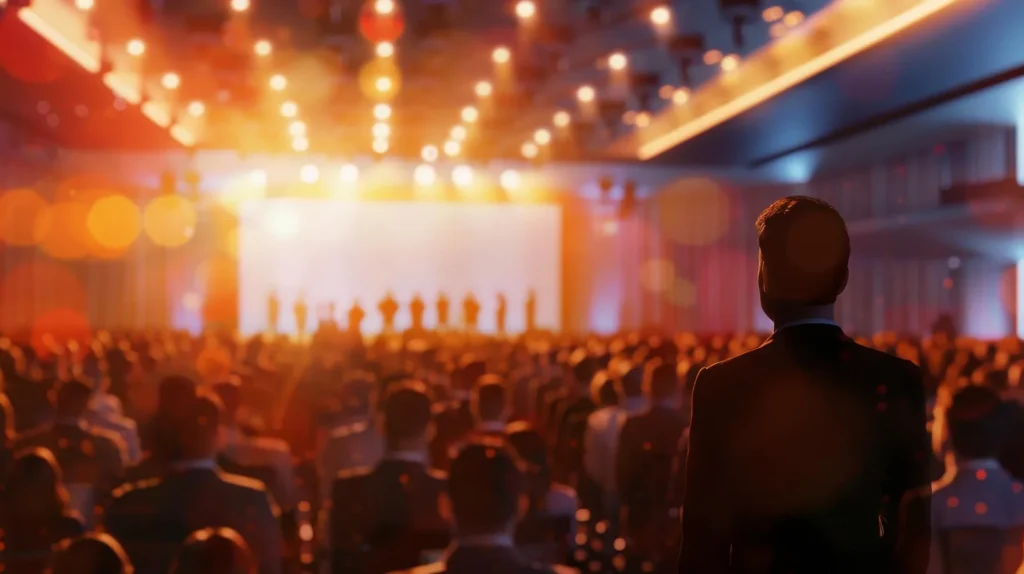 Plateia de evento corporativo com telão e iluminação